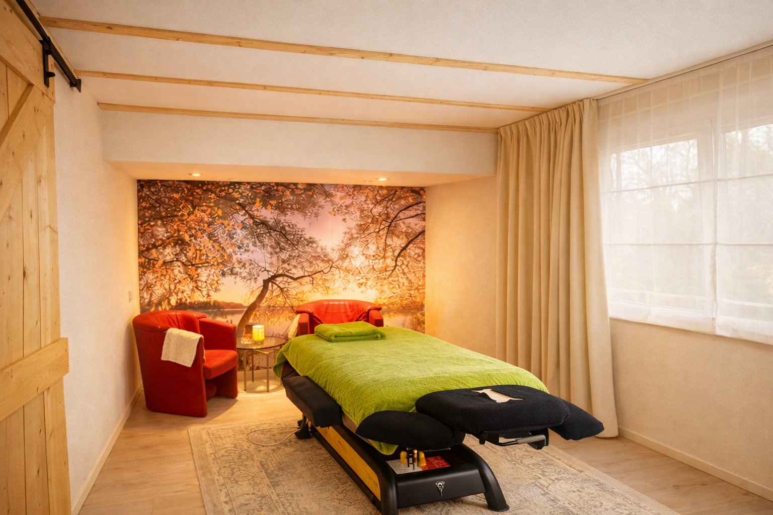 Rustige massageruimte met natuurwand bij GoWa Massages